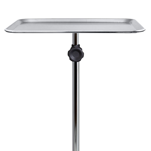 Stainless steel tray on a stand with a white background