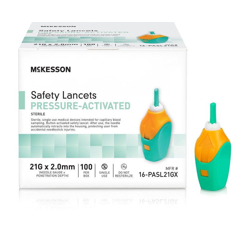 McKesson safety lancets packaging with a pressure-activated design on a white background