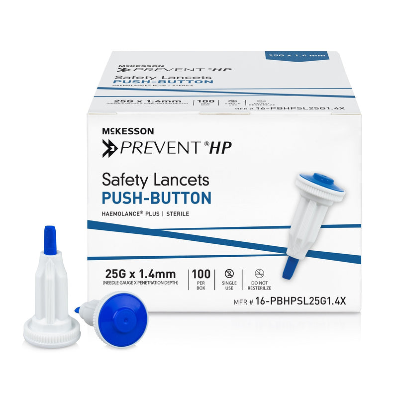 Box of Mckesson Prevent HP safety lancets with two lancets displayed in front on a white background