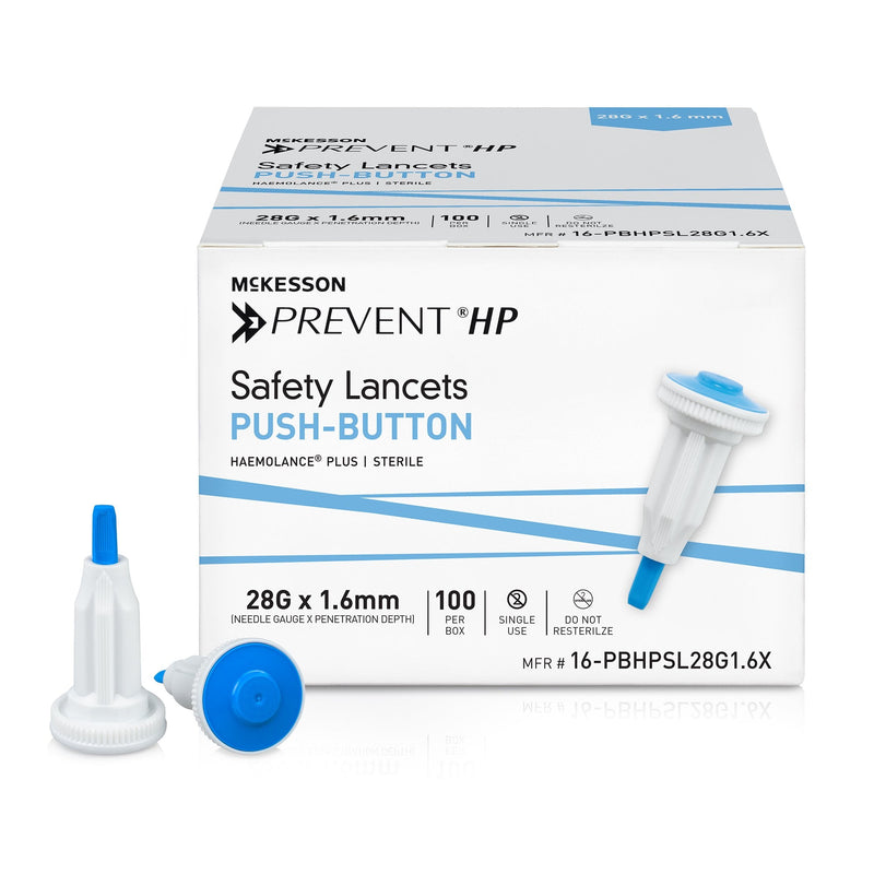 Box of McKesson Prevent HP safety lancets with two lancets displayed in front on a white background.