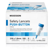 Box of McKesson Safety Lancets with push-button design on a white background