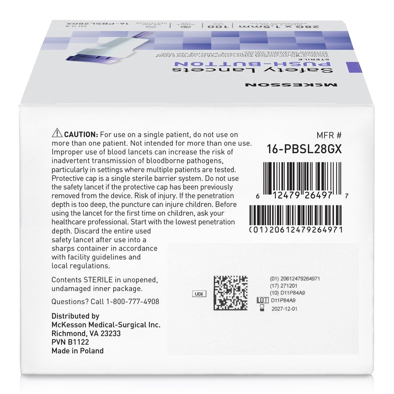 Box of McKesson blood lances with text and barcodes on a white background