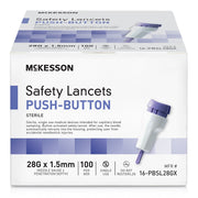 Box of McKesson Safety Lancets with push-button design on a white background