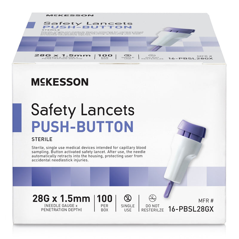 Box of McKesson Safety Lancets with push-button design on a white background