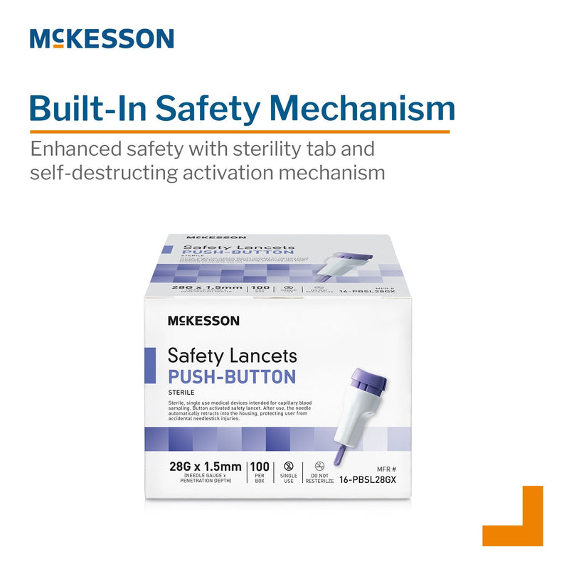 McKesson safety lances packaging with text about built-in safety mechanism on a white background
