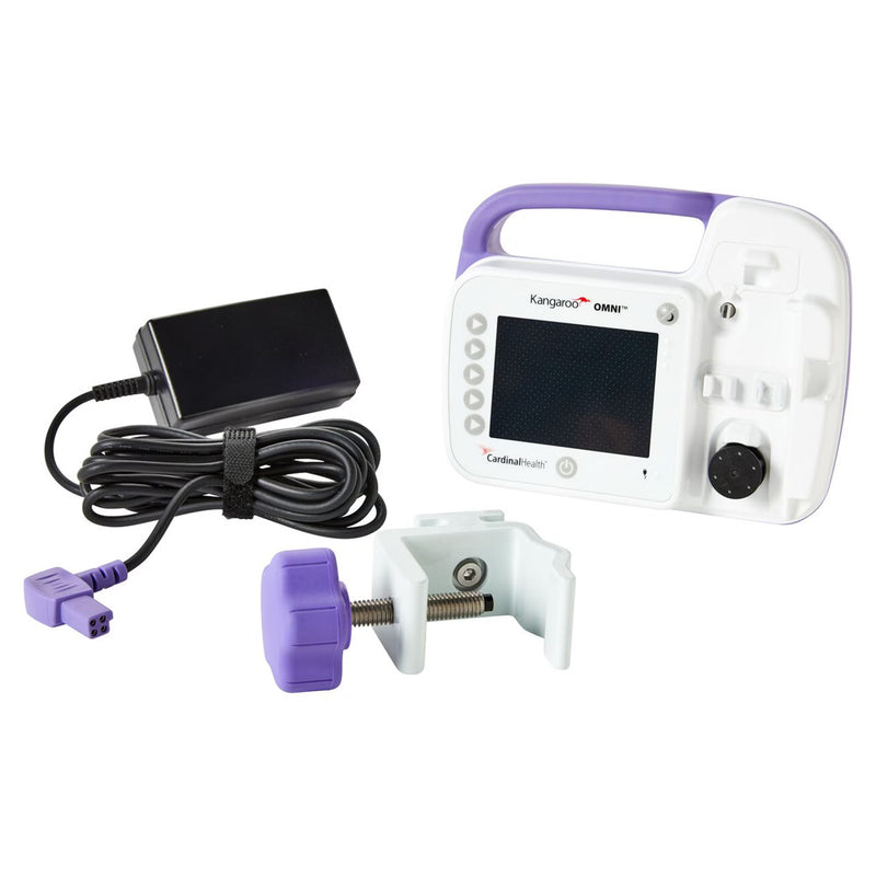 Kangaroo Mini baby monitor kit with a white and purple handheld monitor, a black power adapter with cable, and a white mounting bracket with a purple knob, shown on a white background.