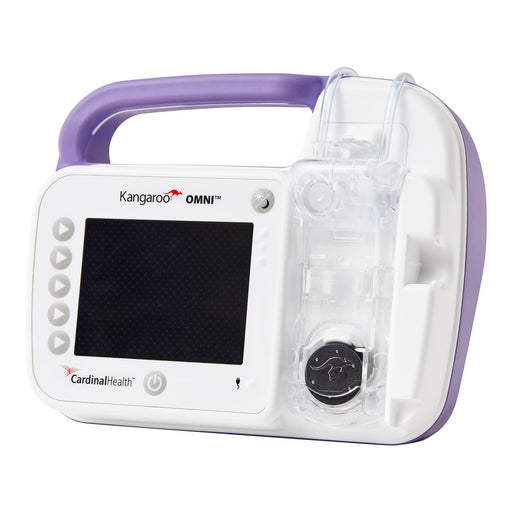 Kangaroo Omni Cardiac Monitor by Cardinal Health, featuring a white and purple body with a clear upper reservoir and a black display screen.