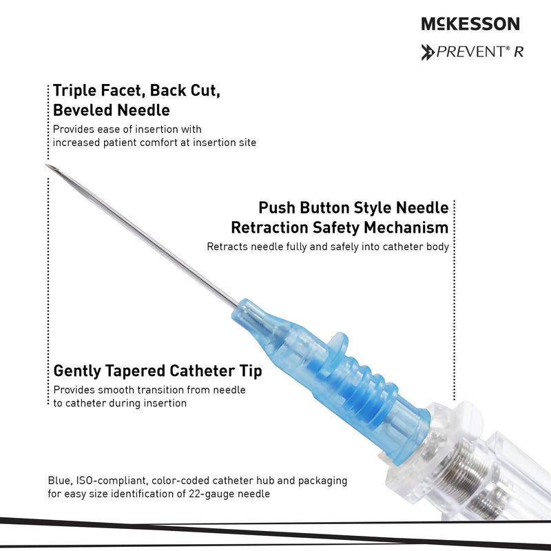Peripheral IV Catheter McKesson Prevent® R 22 Gauge 1 Inch Polyurethane Straight Hub Blood Control Push Button Safety