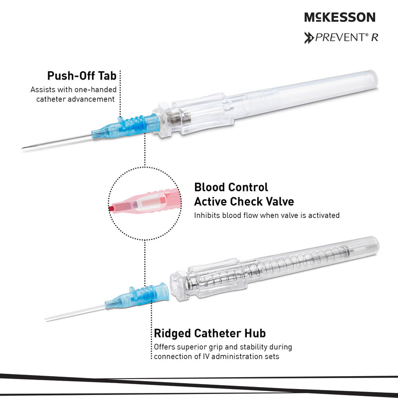 Peripheral IV Catheter McKesson Prevent® R 22 Gauge 1 Inch Polyurethane Straight Hub Blood Control Push Button Safety
