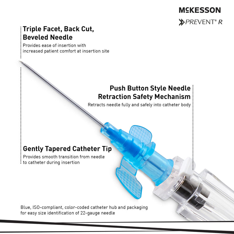 Peripheral IV Catheter McKesson Prevent® R 22 Gauge 1 Inch Polyurethane Straight Hub Blood Control Push Button Safety