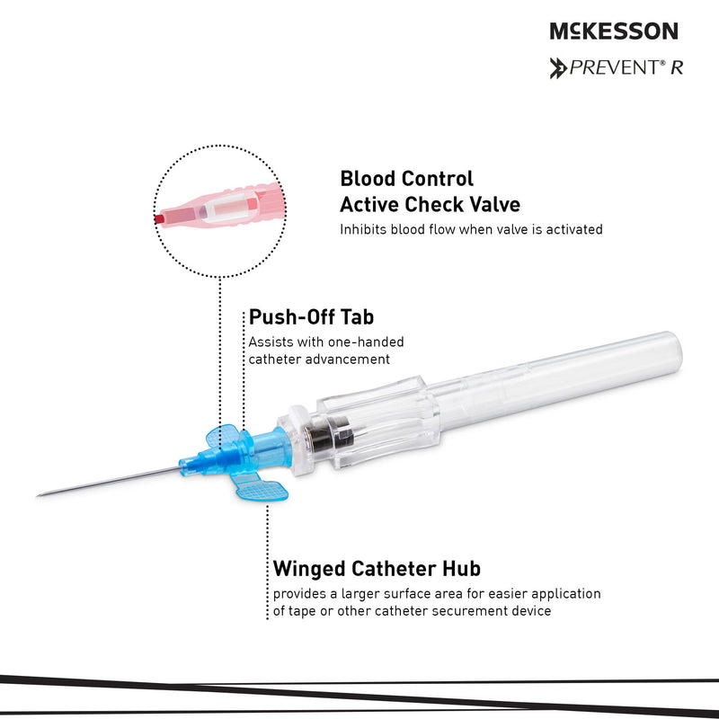 Peripheral IV Catheter McKesson Prevent® R 22 Gauge 1 Inch Polyurethane Straight Hub Blood Control Push Button Safety