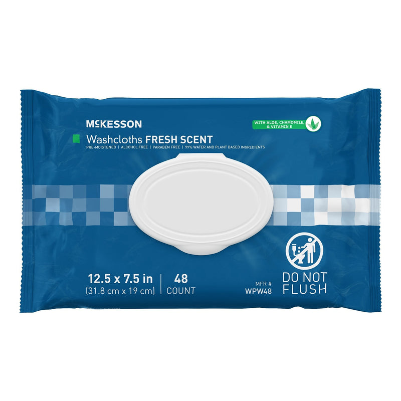McKesson washcloths packaging with blue and white design on a white background
