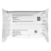 Back view of a package of wipes with text and a barcode on a white background