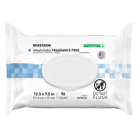 Package of McKesson washcloths with fragrance-free label on a white background