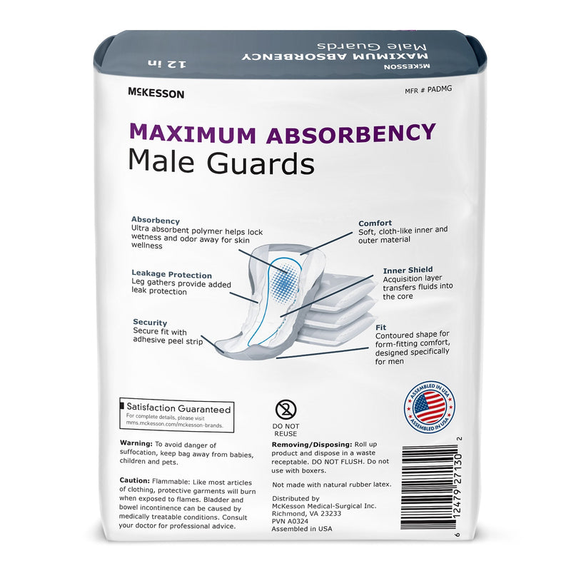 Package of McKesson Maximum Absorbency male Guards on a white background