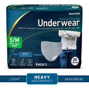 Package of McKesson men's premium discreet underwear with size and absorbency information.