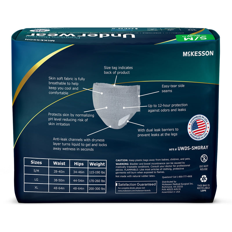 McKesson undergarment packaging with features and specifications on a white background