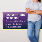 Person wearing a light gray shirt and blue jeans with promotional text about discreet body fit design.