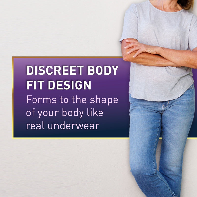 Person wearing a light gray shirt and blue jeans with promotional text about discreet body fit design.