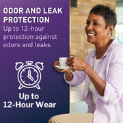 Woman holding a cup with text about odor and leak protection on a purple background