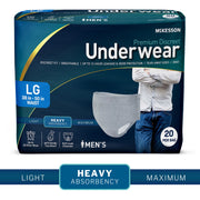 Package of McKesson men's premium discreet underwear with a person wearing a white shirt and blue jeans.