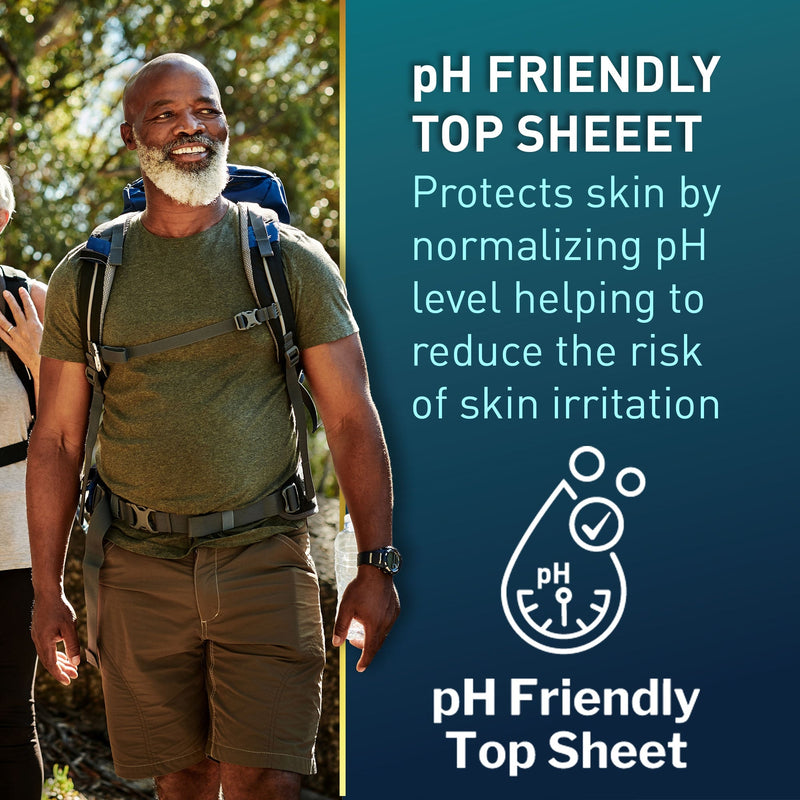 Man hiking with a backpack, featuring text about pH Friendly Top Sheet on a blue background.