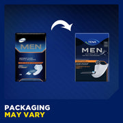 Two packages of TENA Men products on a blue background with text indicating packaging may vary.