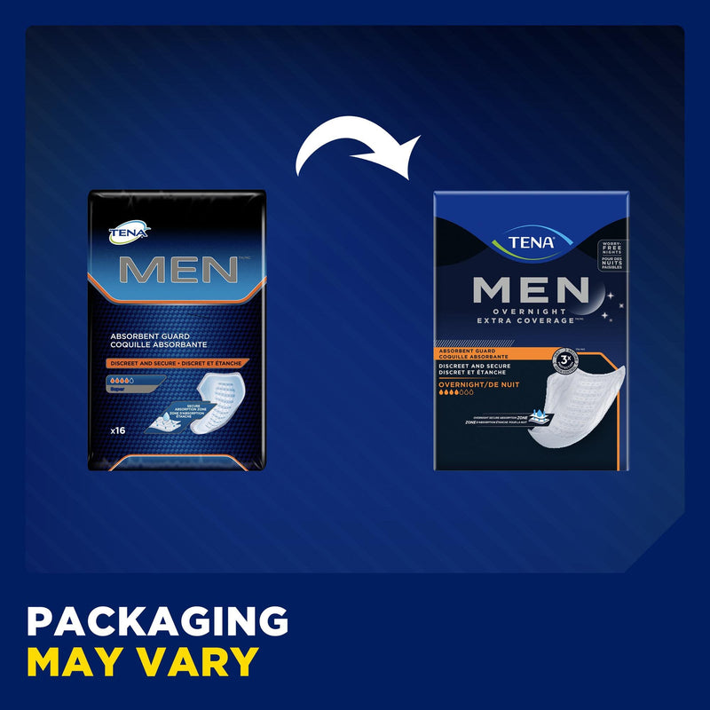 Two packages of TENA Men products on a blue background with text indicating packaging may vary.