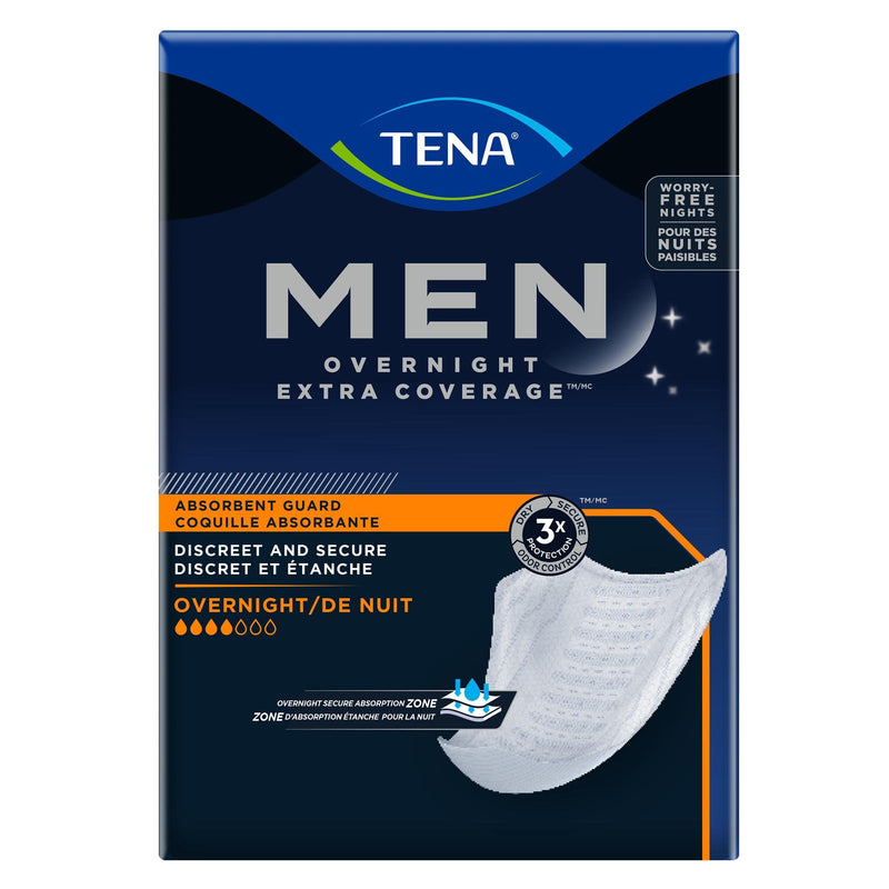 TENA Men Overnight Extra Coverage product packaging on a white background
