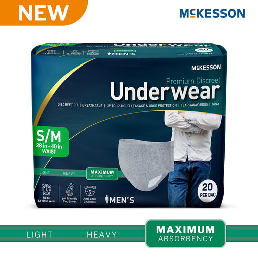 Pack of McKesson men's premium discreet underwear with packaging details.