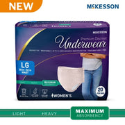 Pack of McKesson women's premium discreet underwear with packaging details.
