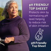 Woman holding a bottle with text about pH-friendly top sheet on a purple background