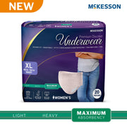 Box of McKesson women's premium discreet underwear with a person wearing the product on a white background.