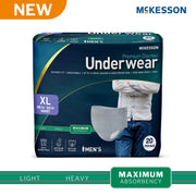 Box of McKesson men's underwear with a person wearing underwear on a white background