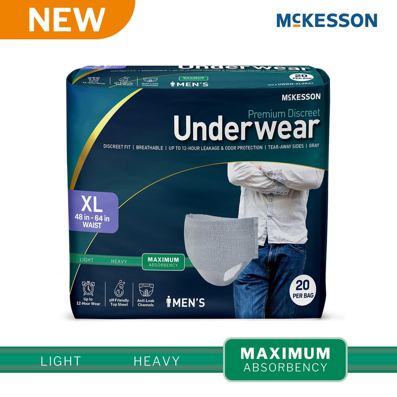 Box of McKesson men's underwear with a person wearing underwear on a white background
