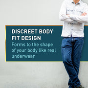 Person wearing a white shirt and blue jeans with text about 'Discreet Body Fit Design' on a gray background.