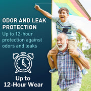 Advertisement for odor and leak protection with a man carrying a child outdoors.