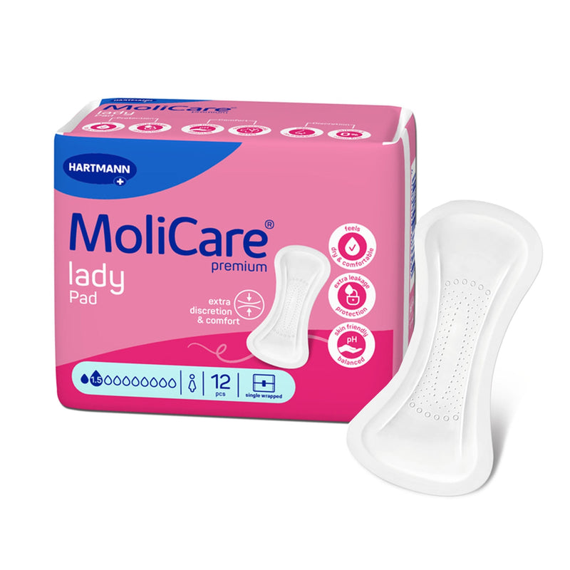 MoliCare lady pad packaging with a single pad displayed on a white background