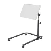 Adjustable standing desk with white surface on a white background
