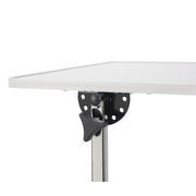 White table with a black metal leg and clamp on a white background