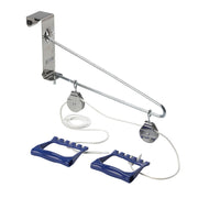 Wall-mounted pulley with blue hooks on a white background