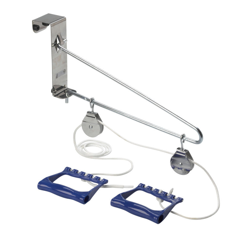 Wall-mounted pulley with blue hooks on a white background