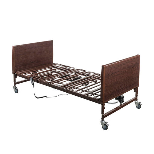 Wooden bed frame with adjustable mechanism on a white background