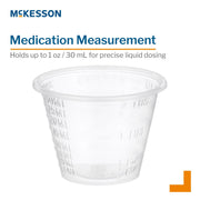 Clear medication measurement cup with McKesson branding on a white background