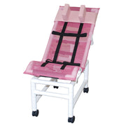 Pink bath chair with black straps on a white background