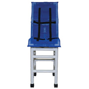 White chair with a blue cushion and black straps on a white background
