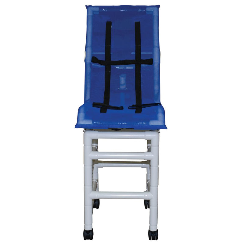 White chair with a blue cushion and black straps on a white background