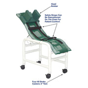 Green patient chair with safety straps and labeled features on a white background