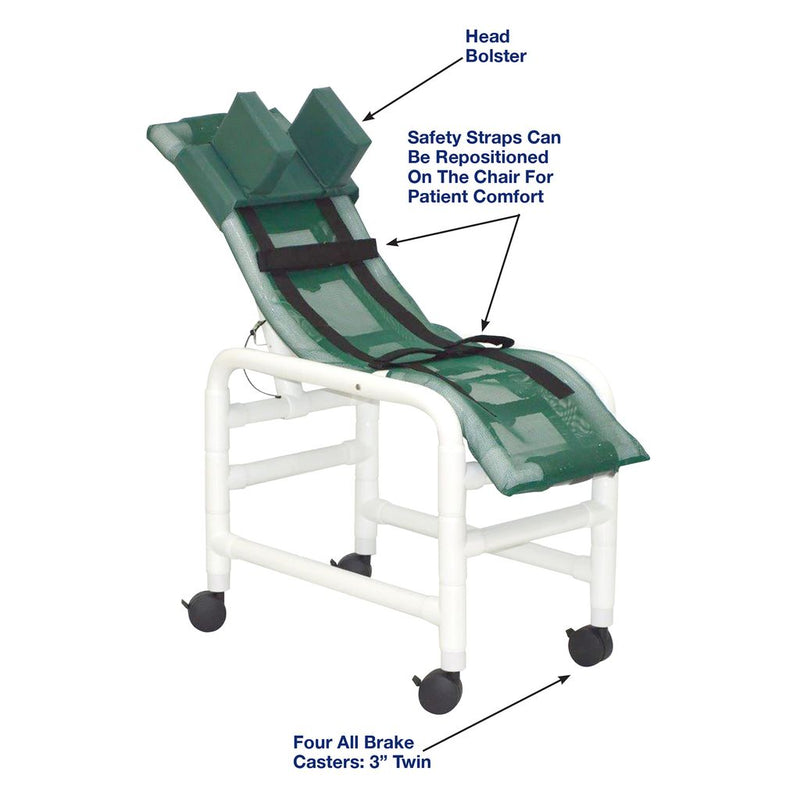 Green patient chair with safety straps and labeled features on a white background
