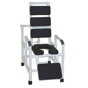 Medical shower chair with black seats and footrest on a white background